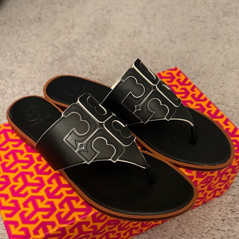 Tory Burch Black Leather Logo Thong Sandals with Tan Trim